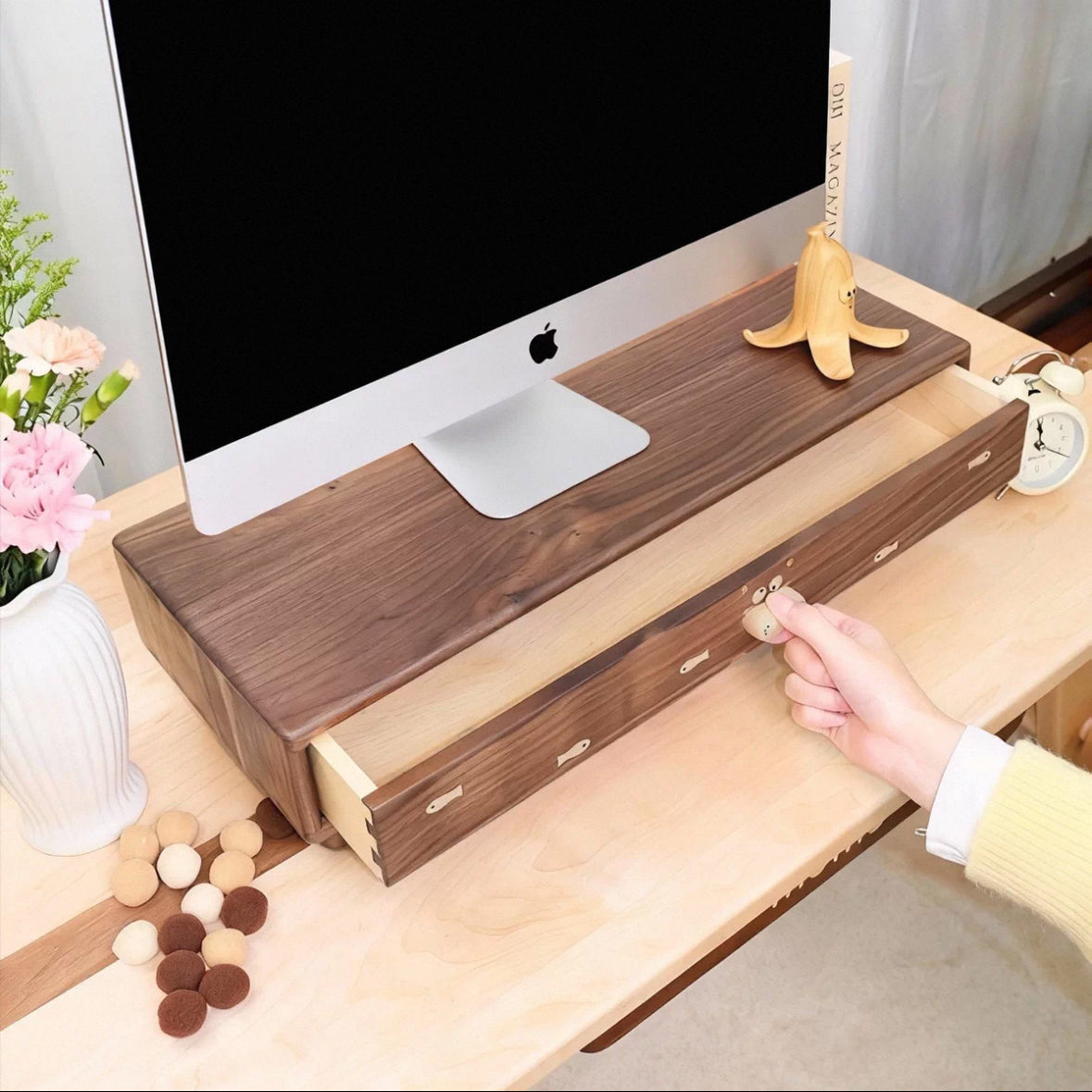 Solid wood monitor stand with drawers and minimalist design