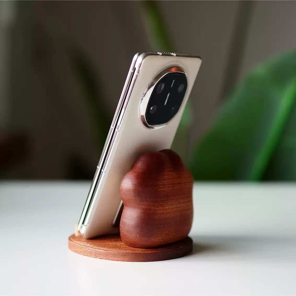 Solid wood phone stand with pawprint design