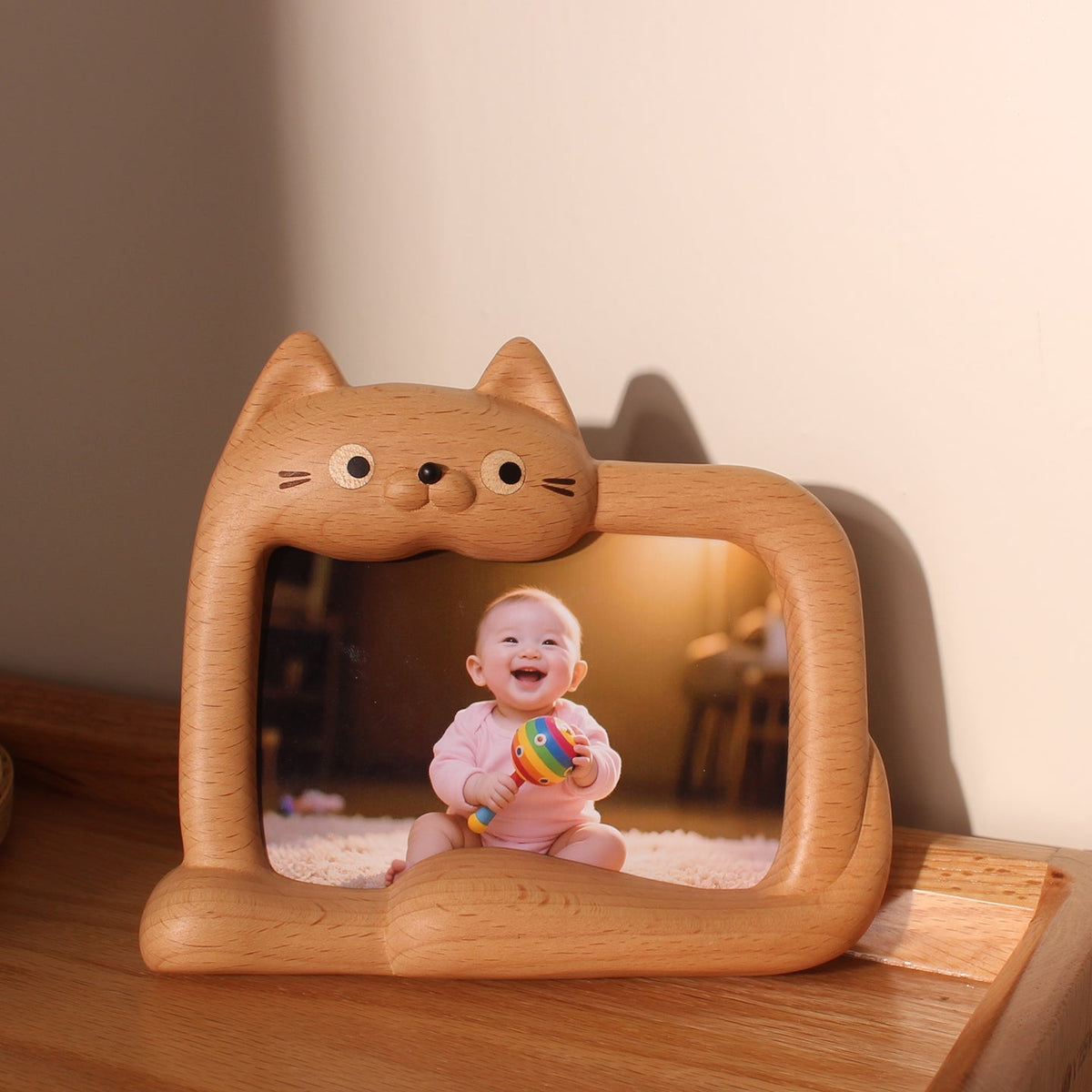 Solid wood picture frame with cat inspired shape