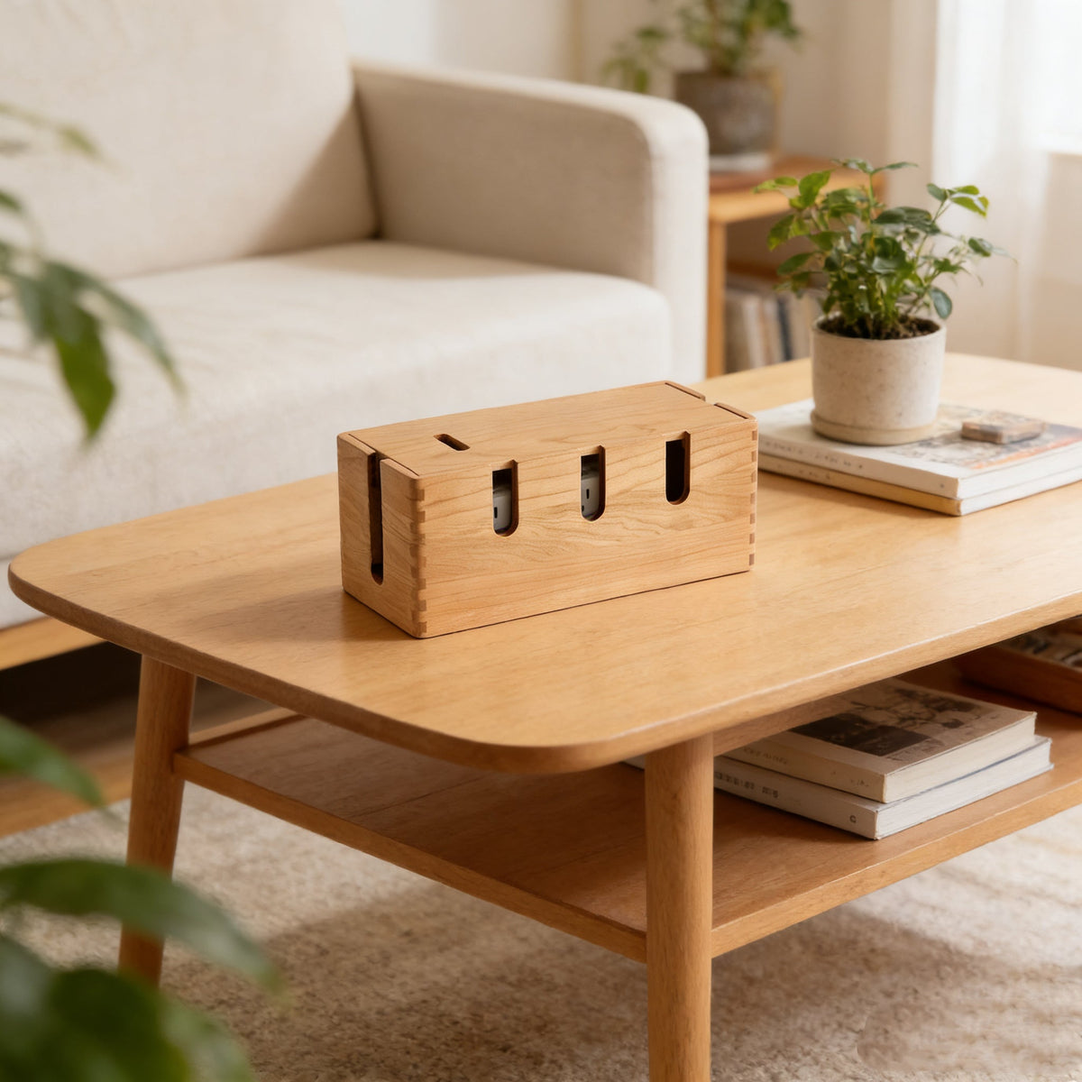 Solid wood power strip organizer box with minimalist design