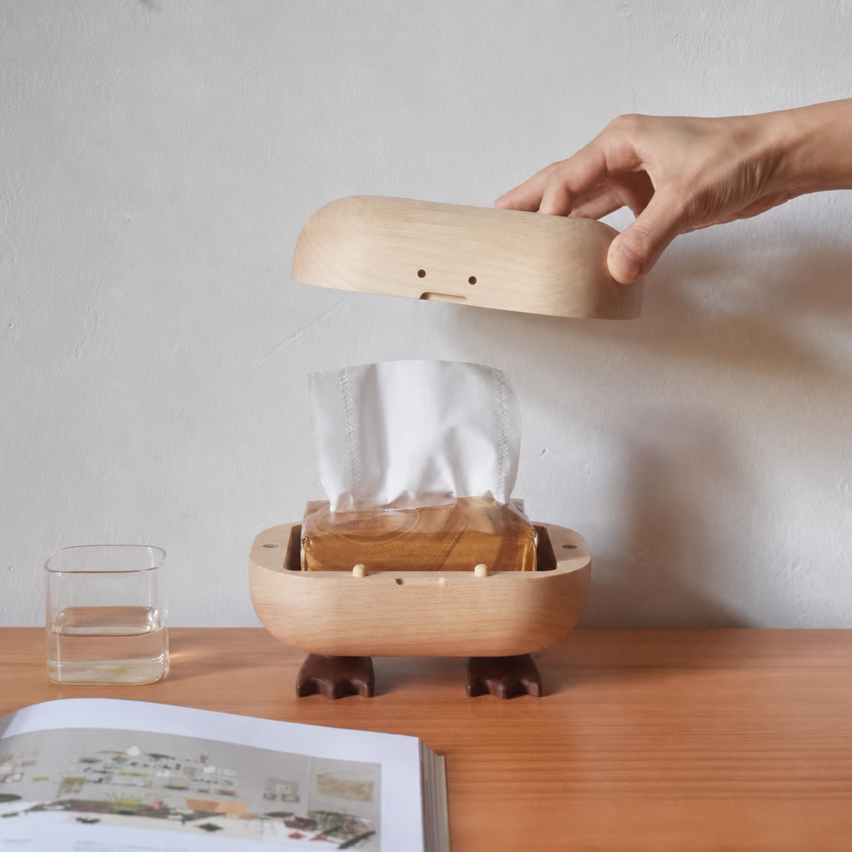 Solid wood tissue box with duck design