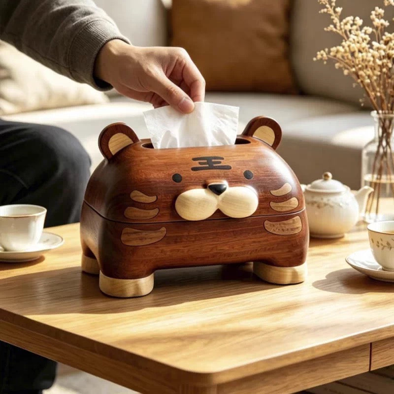 Solid wood tissue box with tiger design
