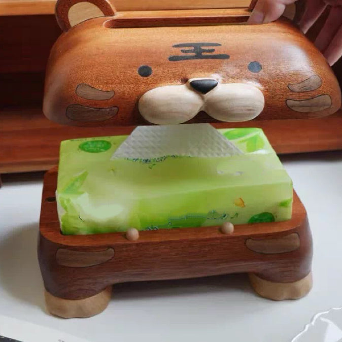 Solid wood tissue holder with cute tiger inspired shape