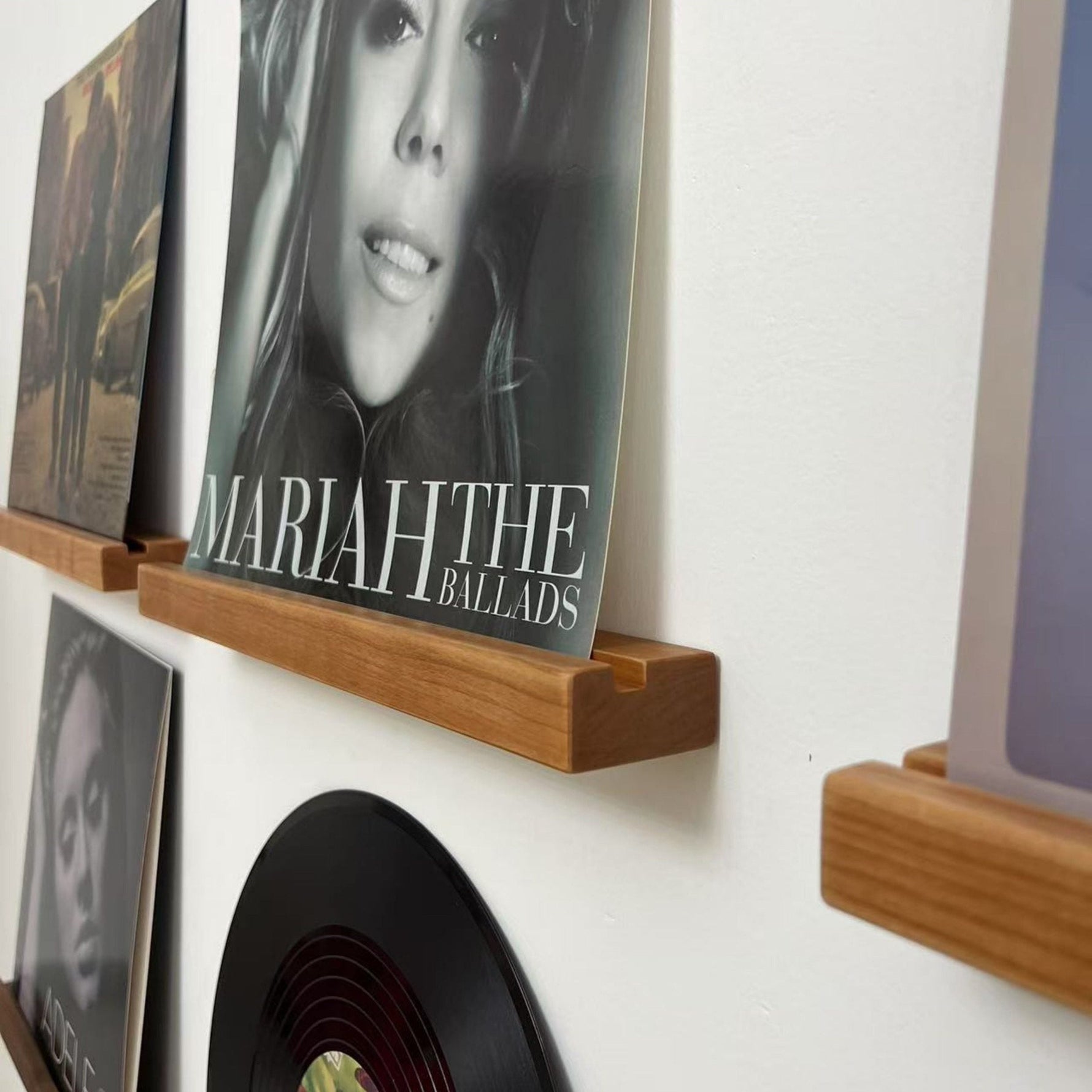 Solid wood wall record holder for home and listening spaces
