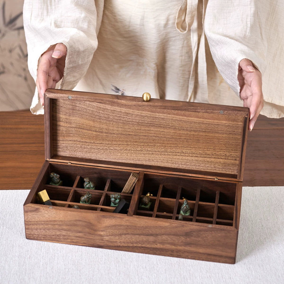 Sorter Solid Walnut Compartment Storage Box with Lid