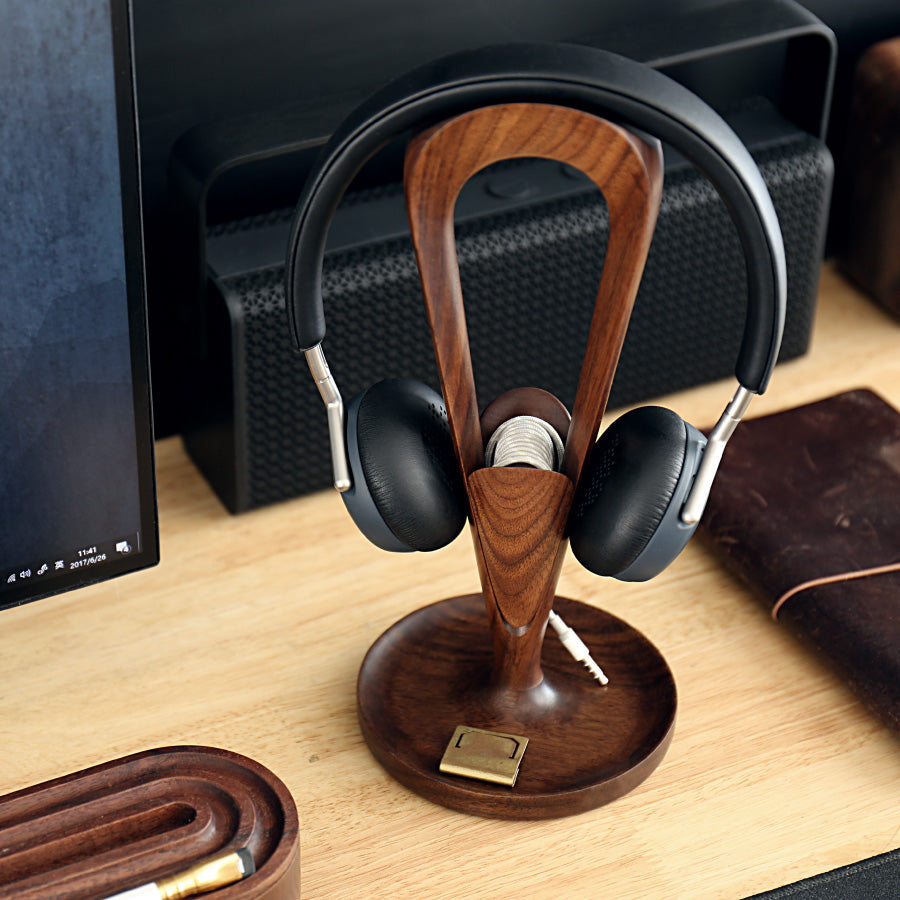 Spire wooden headphone holder made from natural walnut wood