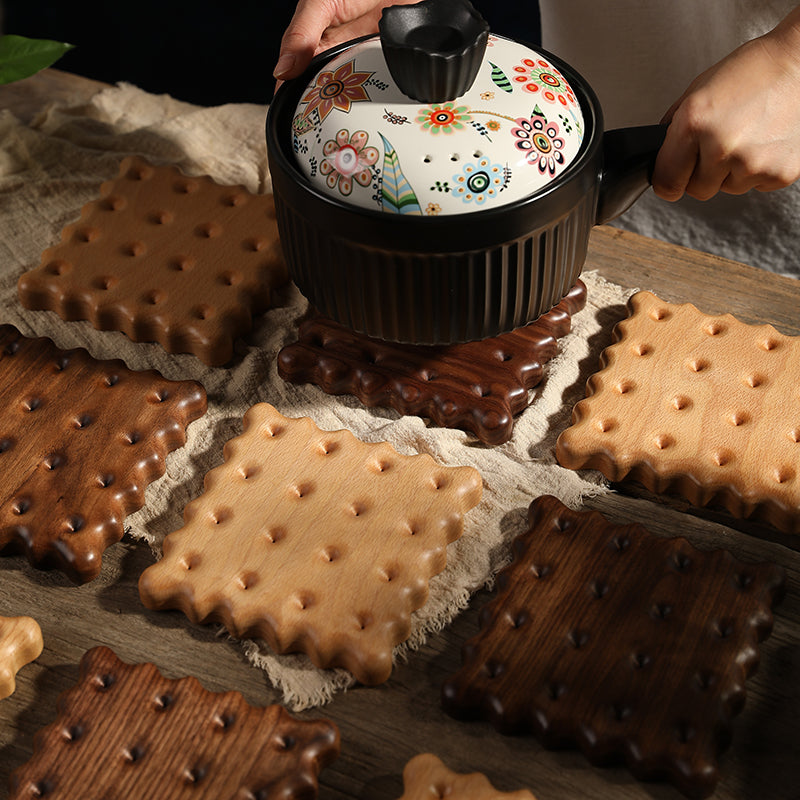 Square biscuit wooden trivet made from natural solid wood