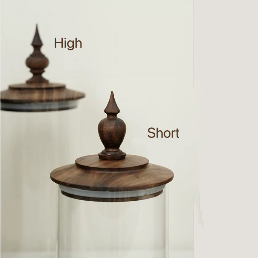 Castle glass storage jar with natural walnut wood lid