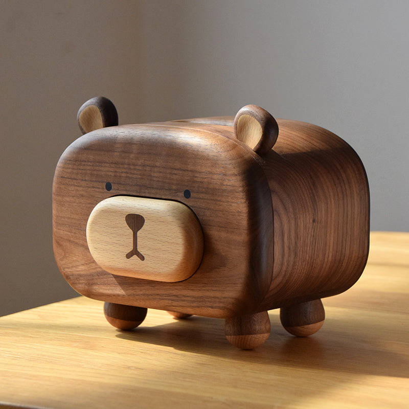 Sugar bear wooden tissue box made from natural walnut wood