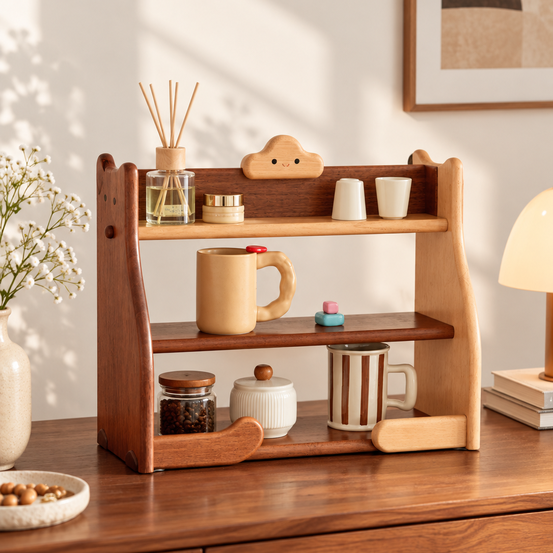 A wooden three-tier shelf organizer with a small cloud-shaped accent on the top shelf, styled on a wooden table with mugs, jars, and a reed diffuser in a warm, sunlit room.