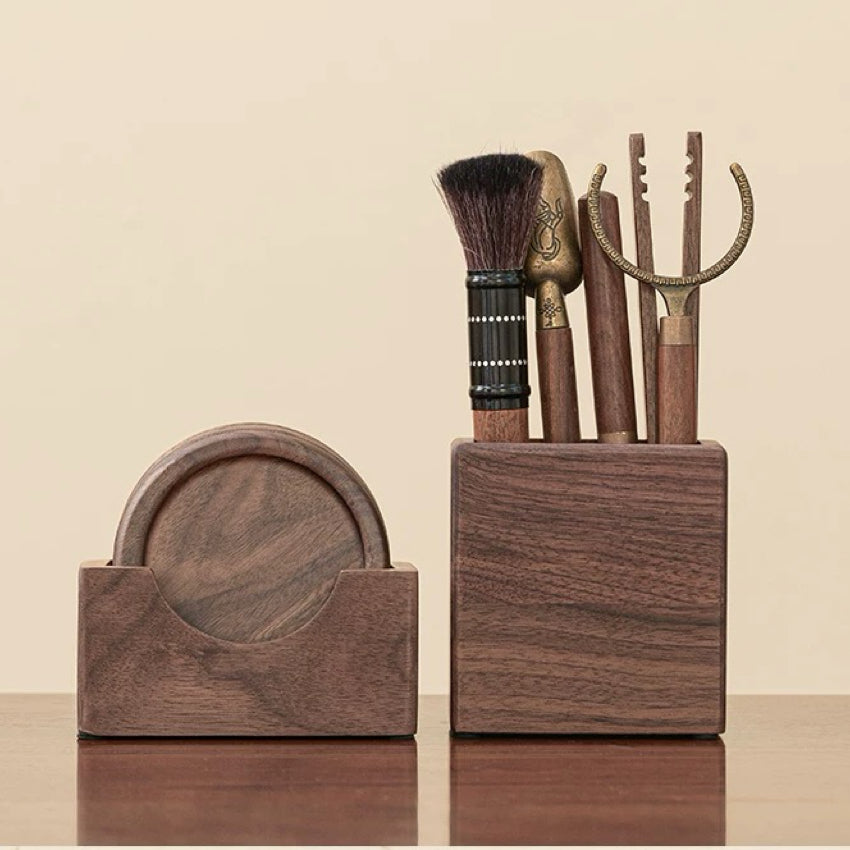 Natural walnut tea ceremony tools with smooth grain finish