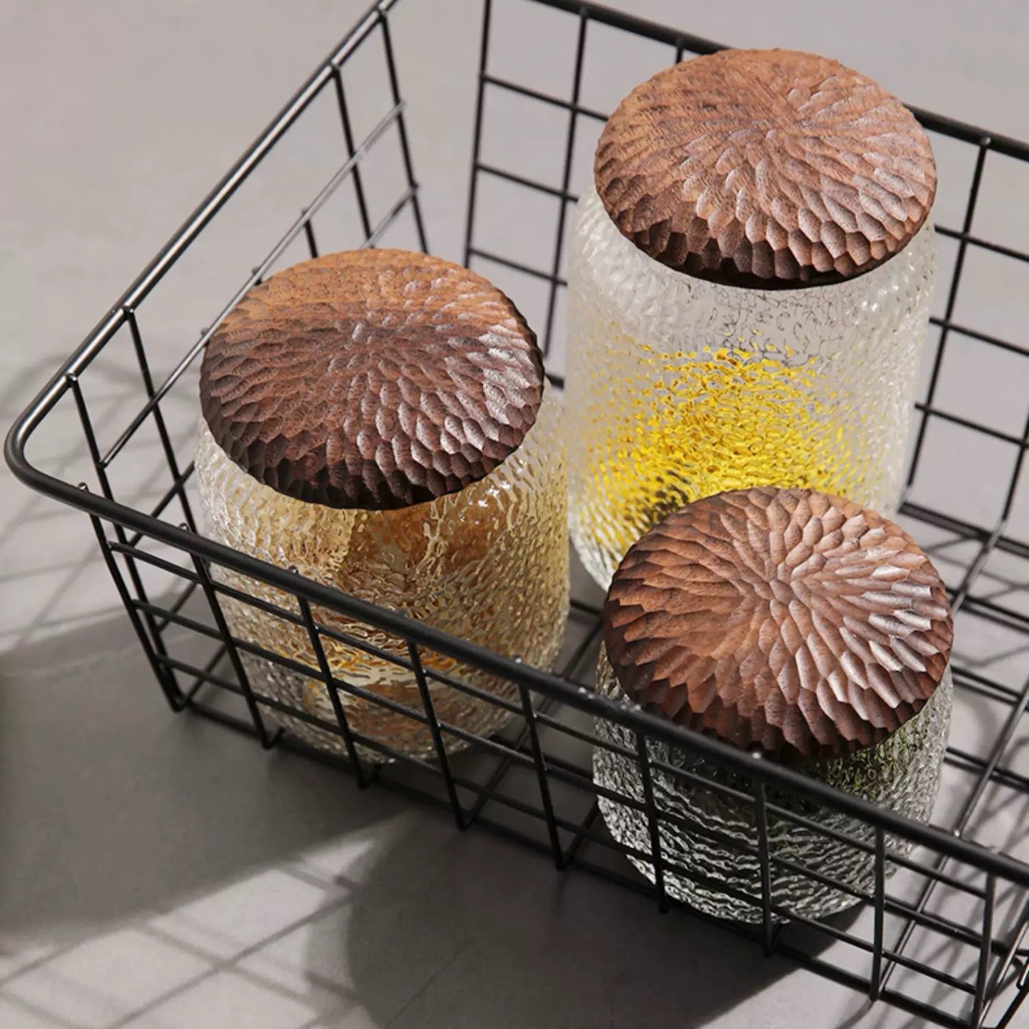 Textured glass coffee canister set with solid walnut lids
