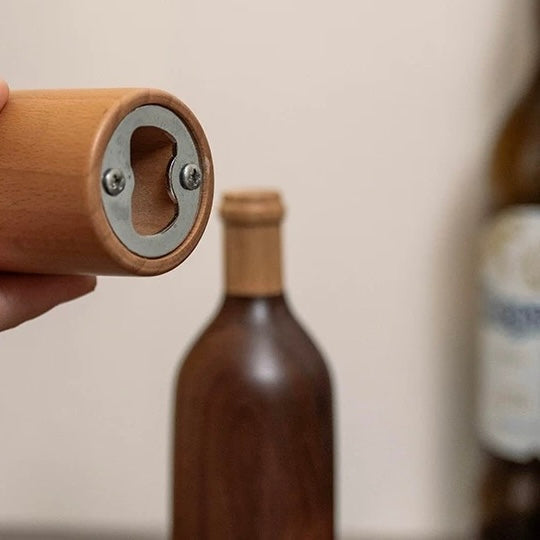Tipsy wooden bottle opener made from natural solid wood