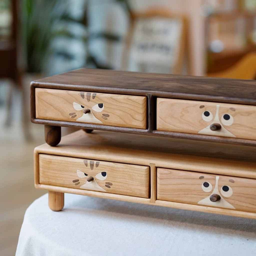 Twin Kitties Solid Wood Monitor Stand with Drawers