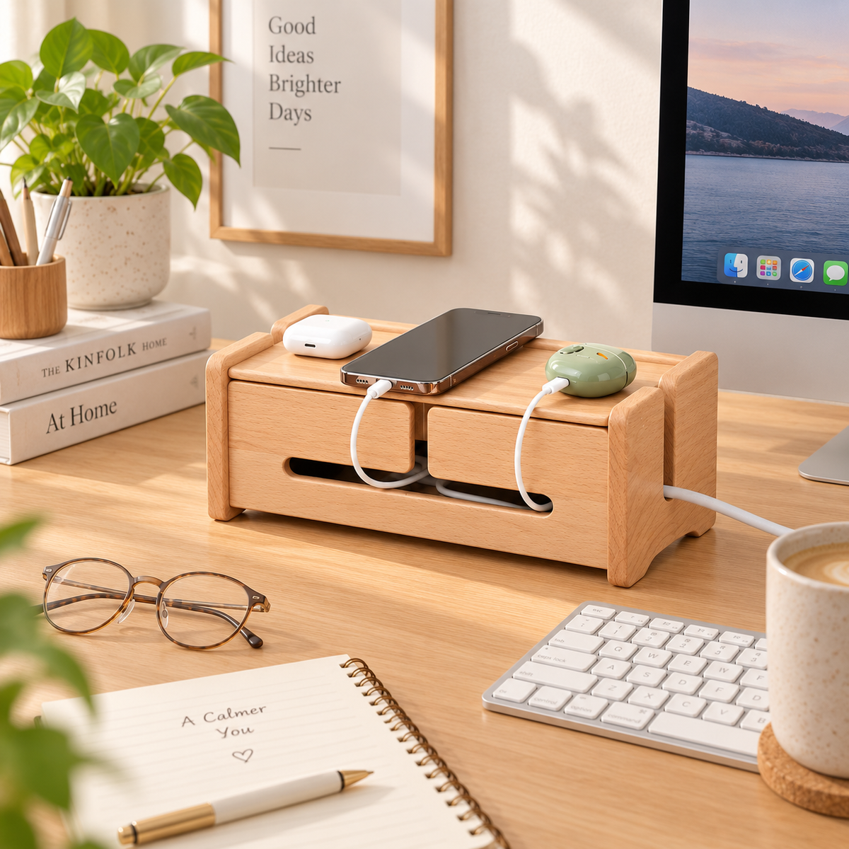 A light natural wood desktop organizer with two drawers sits on a desk, holding a black smartphone and a small green device, with white charging cords plugged in. The scene includes a computer monitor, keyboard, mug, glasses, notebook, and plant in a bright home-office setting.