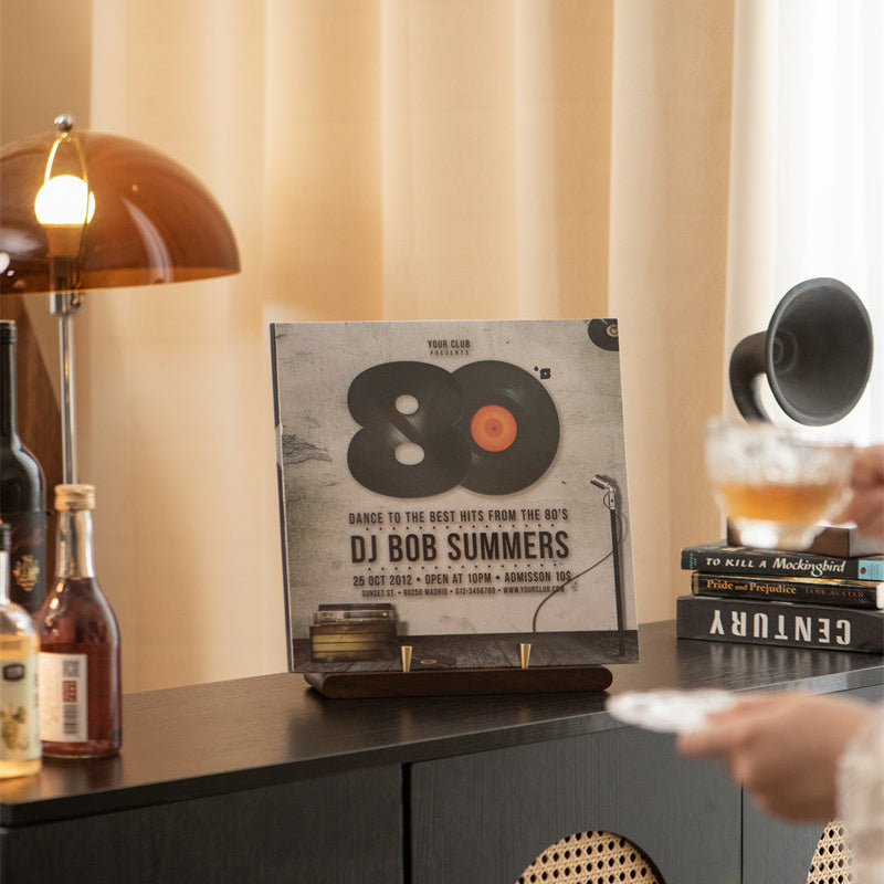 Solid walnut CD album display stand with minimalist design