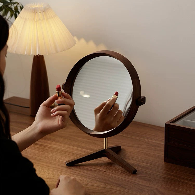 Solid walnut LED tabletop mirror with minimalist design
