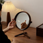 Solid walnut LED tabletop mirror with minimalist design