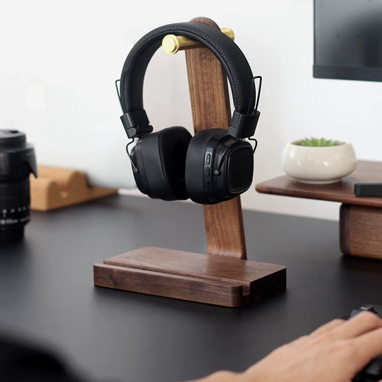 Solid walnut headphone stand with minimalist design