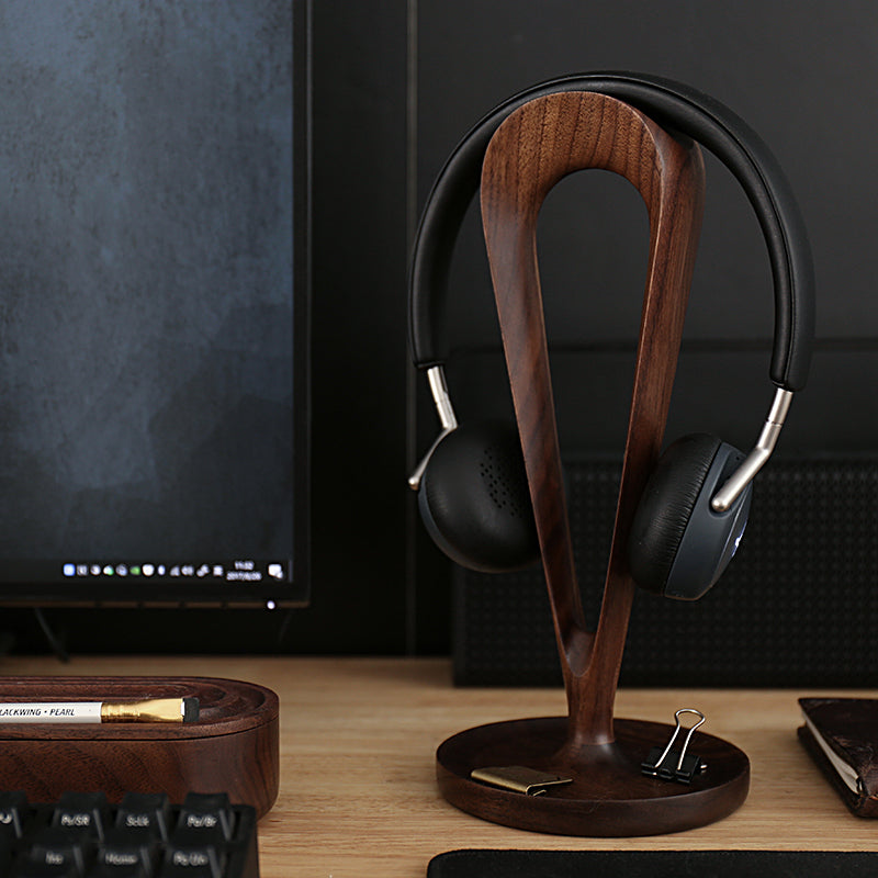 Solid walnut headphone stand with minimalist design