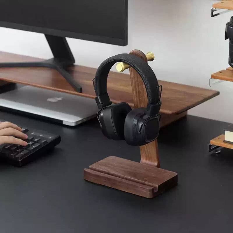 Solid walnut headset stand for desk and workspace setup
