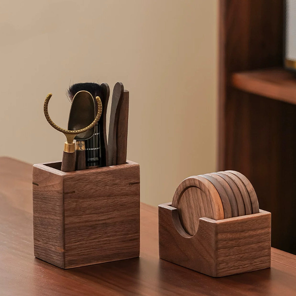 Solid walnut tea ceremony set with minimalist design