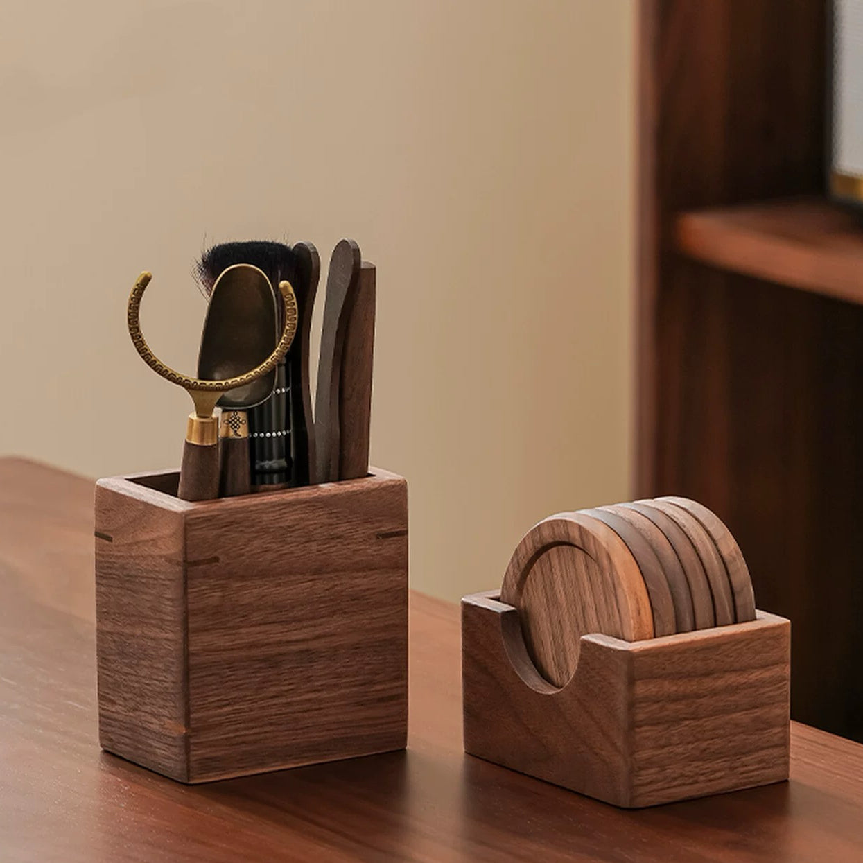 Solid walnut tea ceremony set with minimalist design