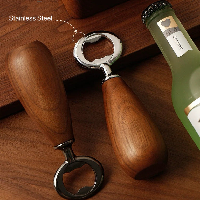 Natural wood bottle opener with smooth walnut grain finish