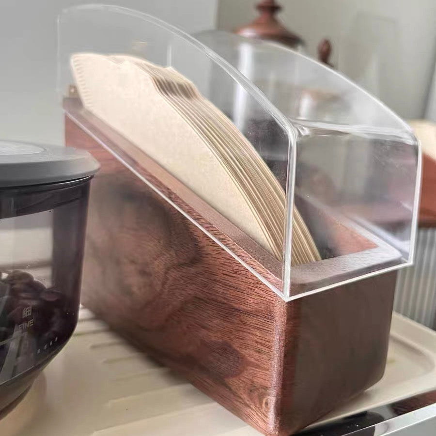 Natural wood coffee filter holder with smooth walnut grain finish