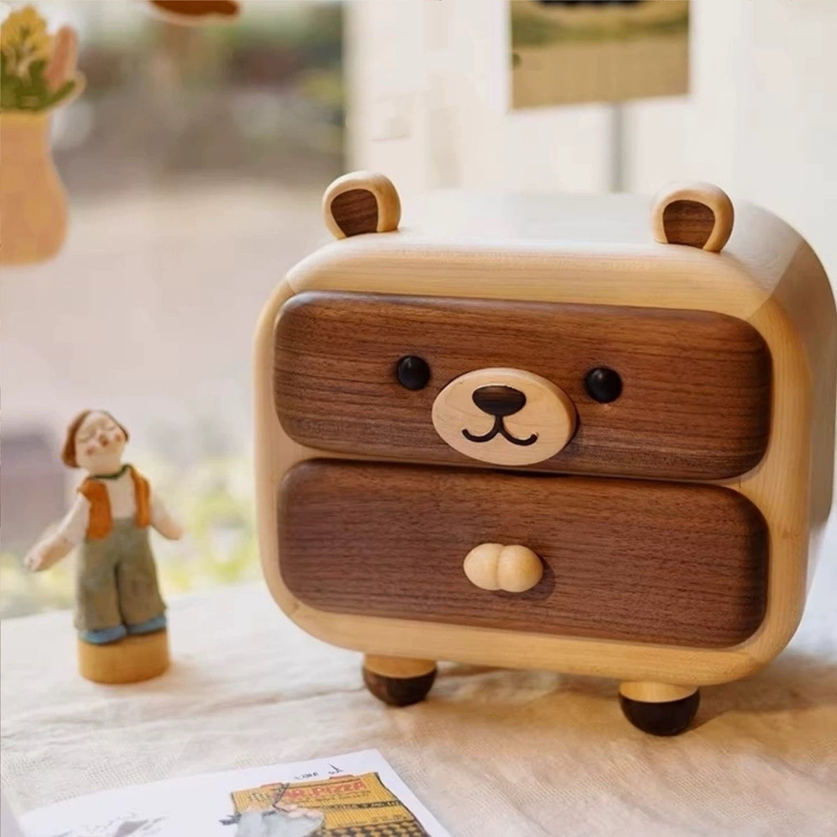 Solid wood desktop organizer with double drawer storage