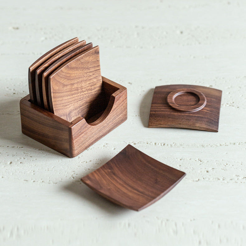 Wooden drink coaster set with convenient holder storage