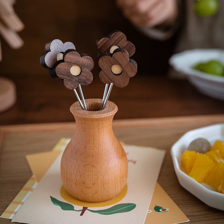 Wooden fruit forks set for serving snacks and desserts
