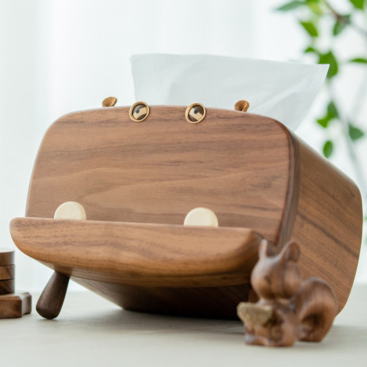 Wooden hippo tissue holder made from natural walnut wood