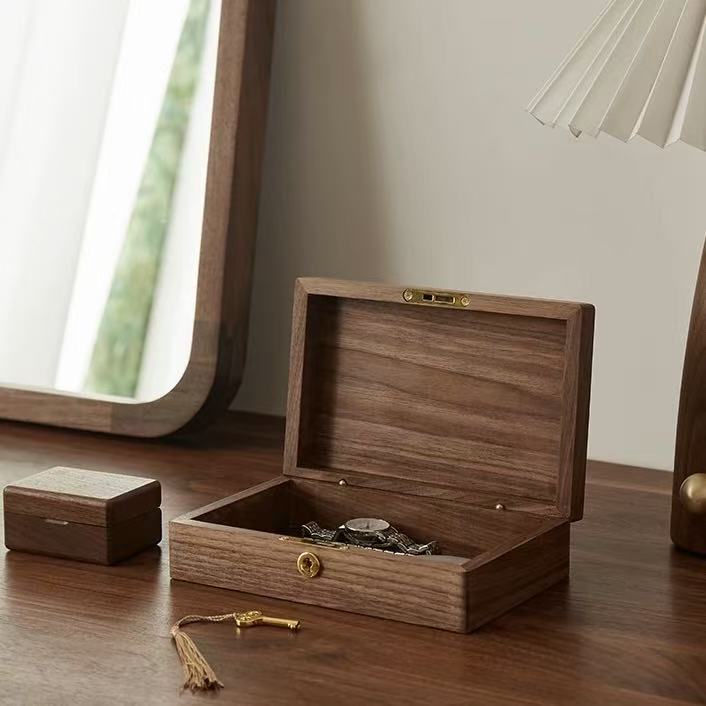 Wooden lockable storage box for jewelry documents and essentials