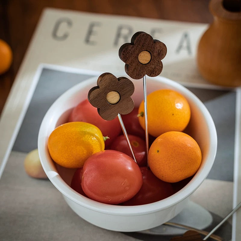 Fresh bloom wooden fruit picks made from natural walnut wood