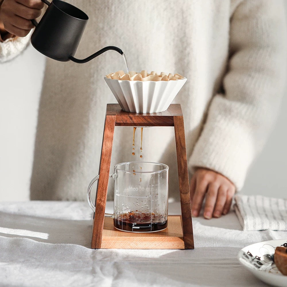 Solid walnut pour-over coffee dripper stand with minimalist design