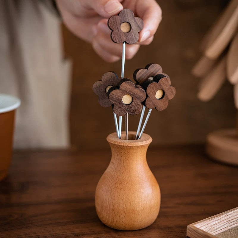 Solid walnut fruit pick set with elegant floral design