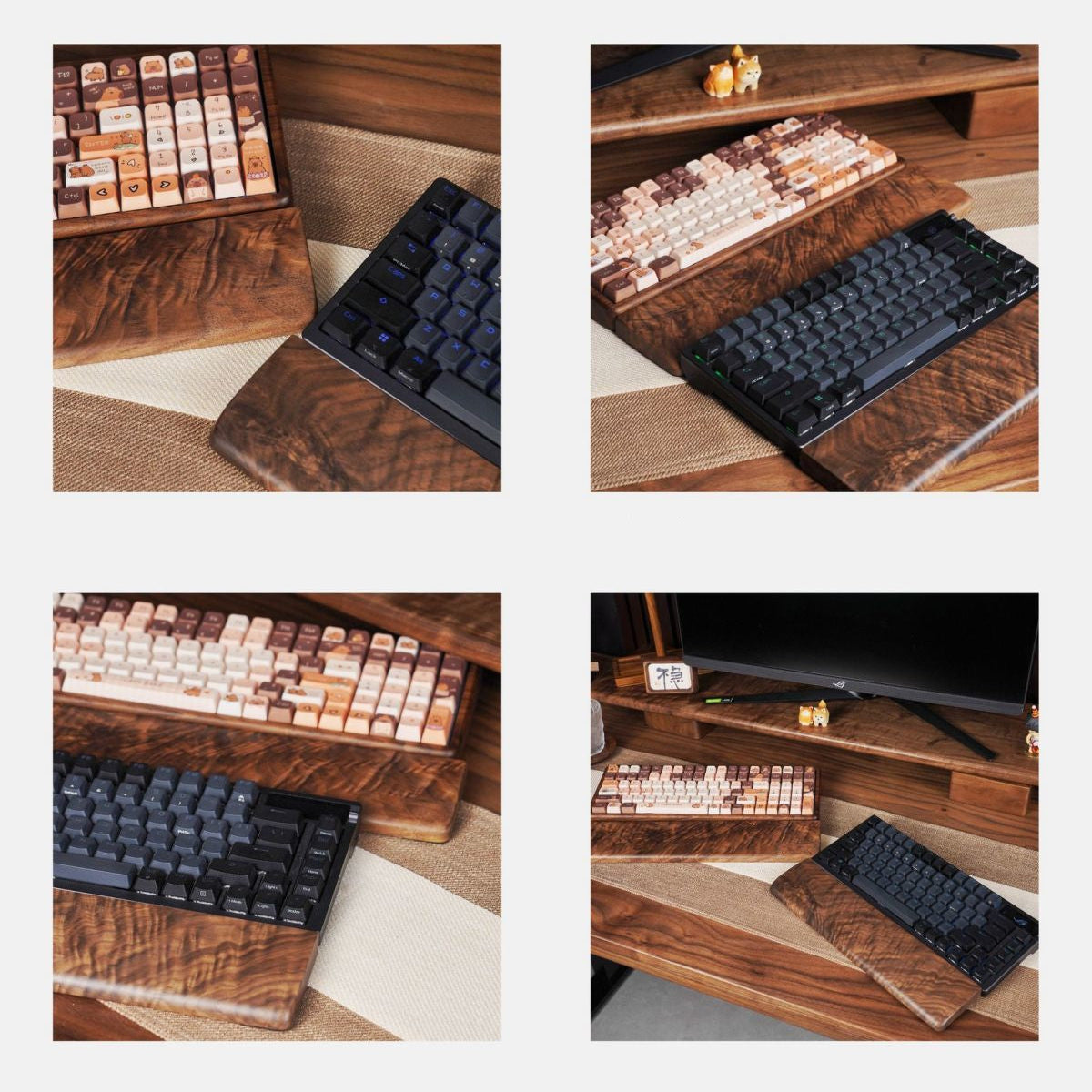 Four-panel product showcase of a wooden keyboard tray with integrated wrist rests and keyboard slots, shown in different color options (black, rose gold, and copper/bronze) on a desk setup. Chinese text labels describe features like solid wood construction, rounded corners, smooth surfaces, and unique grain patterns.