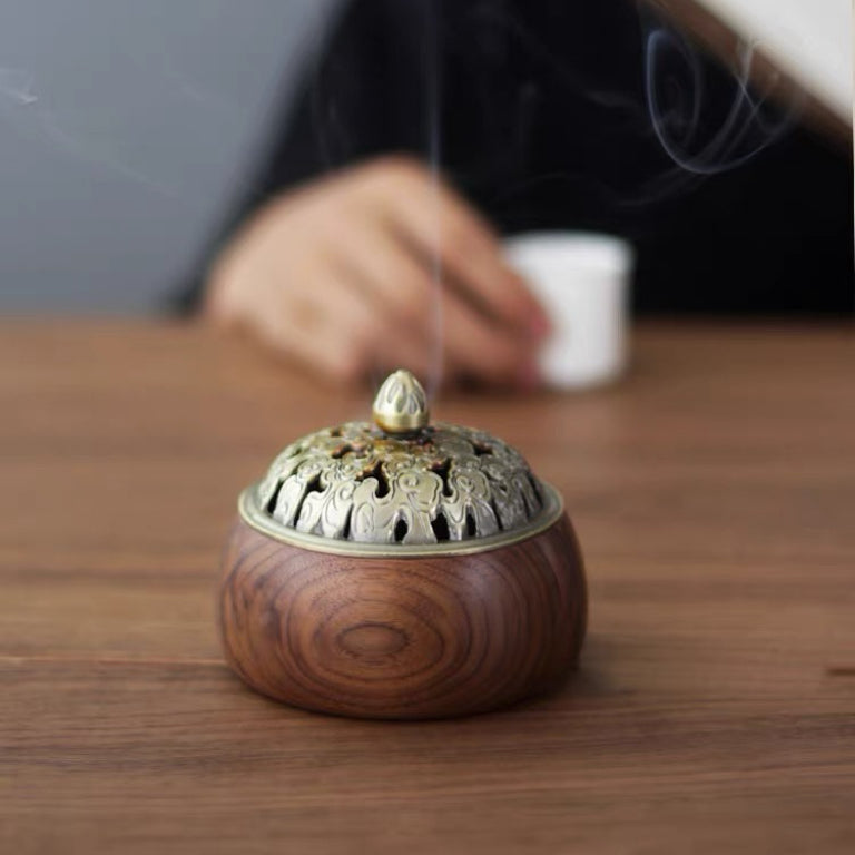 Natural wood incense tray with smooth walnut grain finish