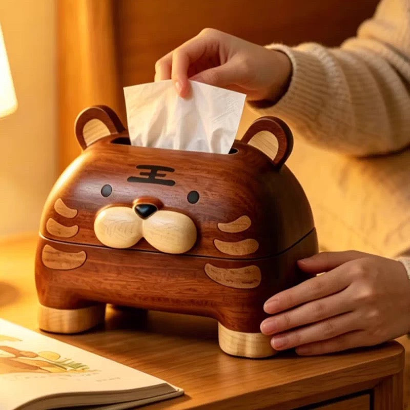 Natural wood tissue box cover with smooth grain finish