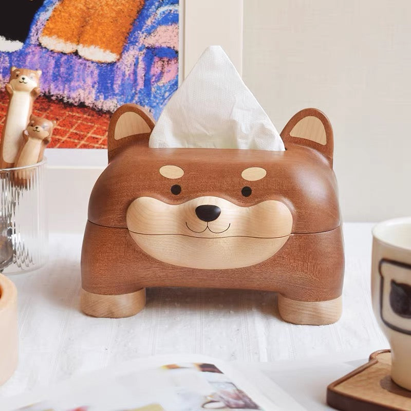 Solid wood tissue box with tiger design